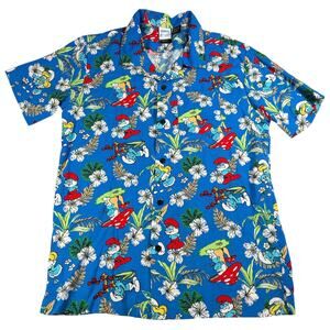 Smurfs Mens blue print Hawaiian shirt. Size S. short sleeve. resort, vacation